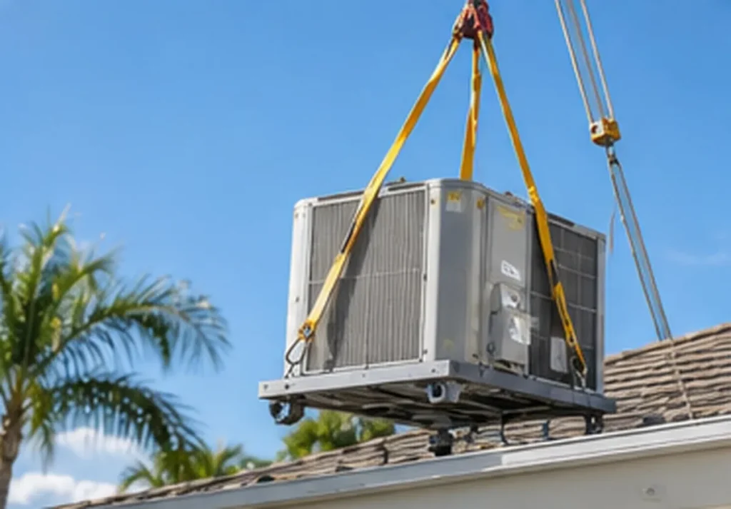 New AC unit being lifted into place during an installation