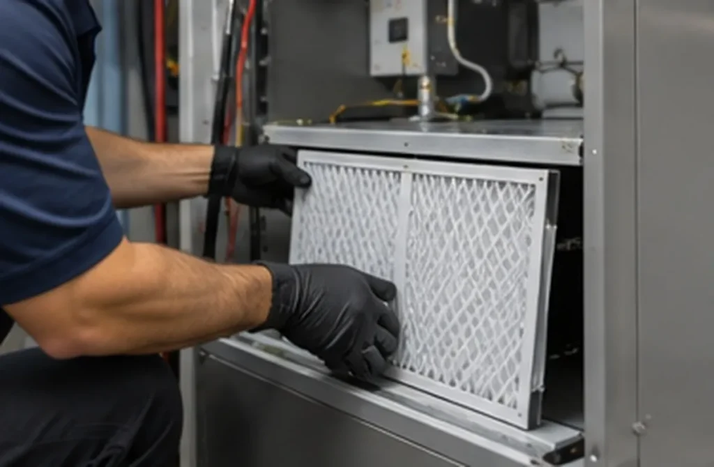 Technician replacing an air handler filter