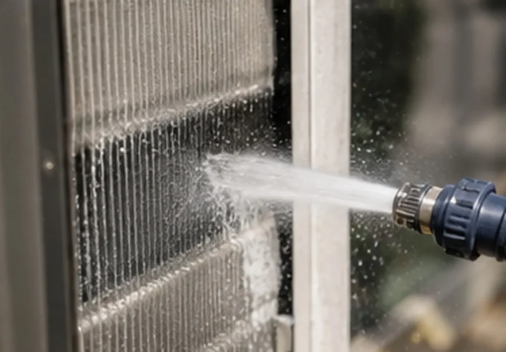 Condenser coil being rinsed during AC maintenance