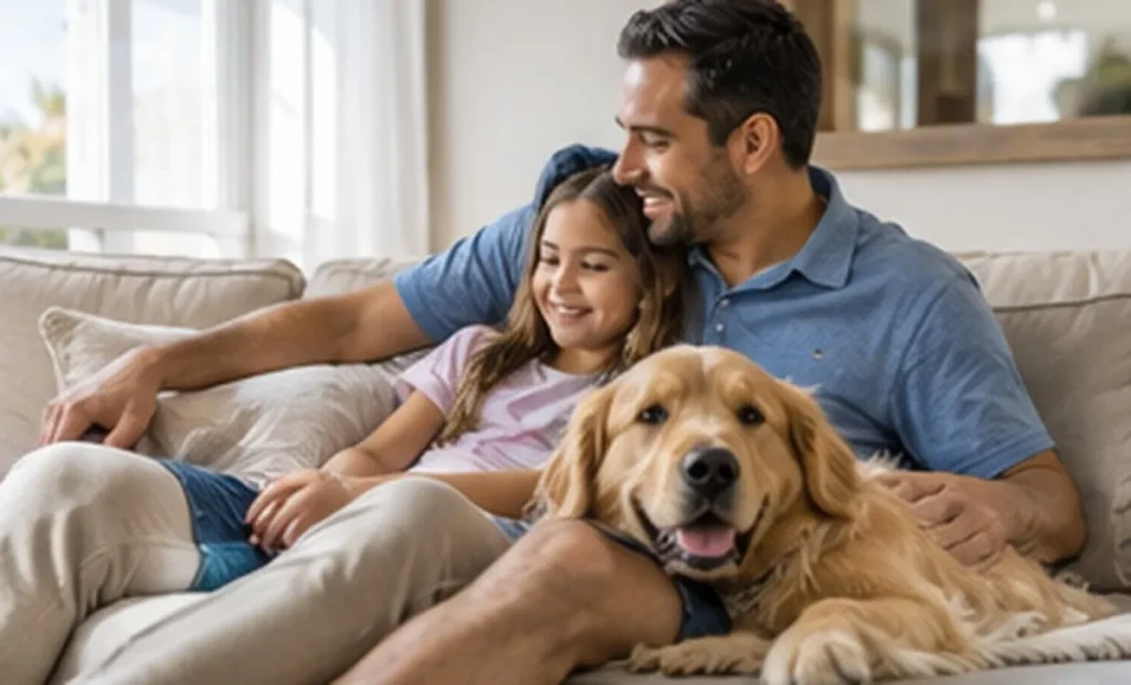 Family relaxing on the couch with their dog in a cool home