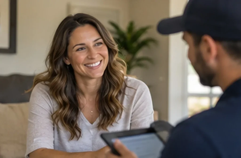 Homeowner reviewing service details with an HVAC technician
