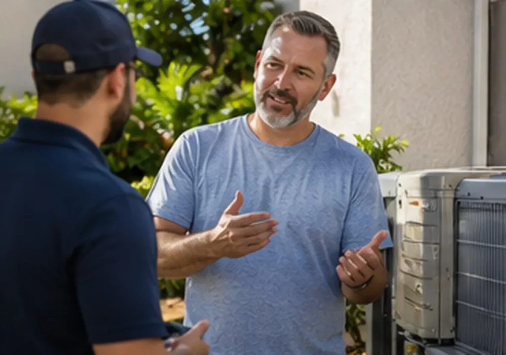 Homeowner talking with an HVAC technician next to the AC unit