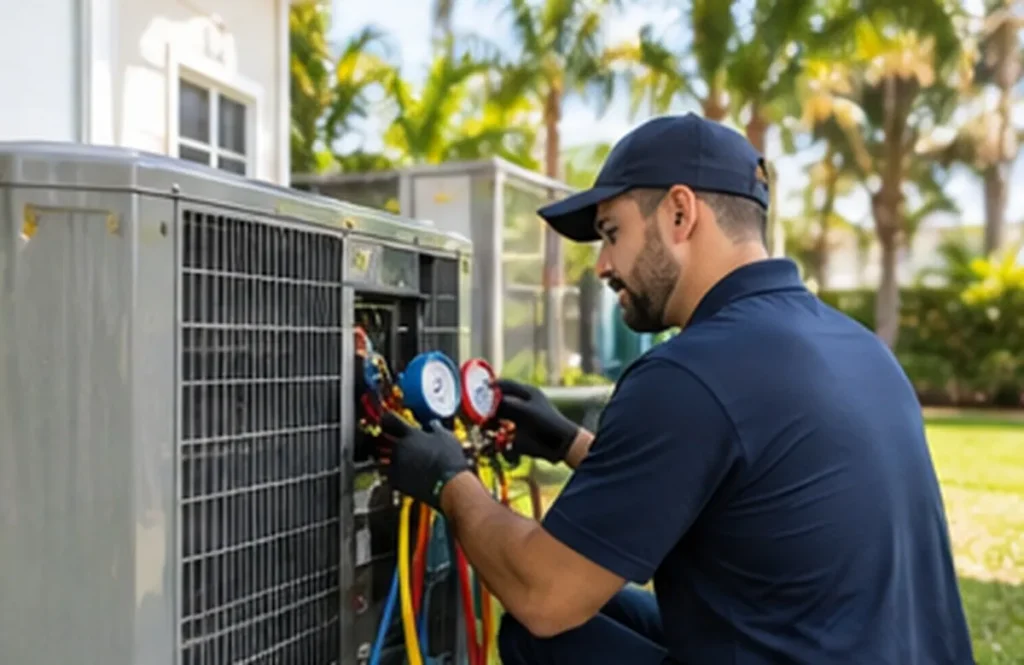 HVAC technician checking refrigerant pressure on an outdoor AC unit