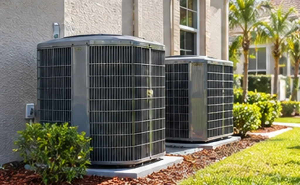 Two outdoor AC condenser units beside a Florida home