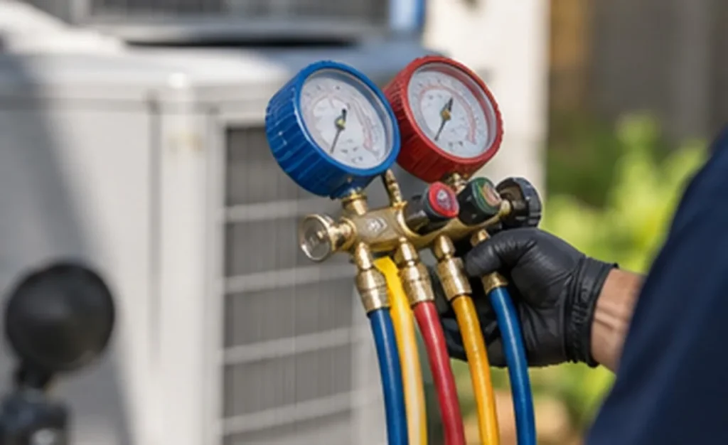 Refrigerant gauges connected to an AC system