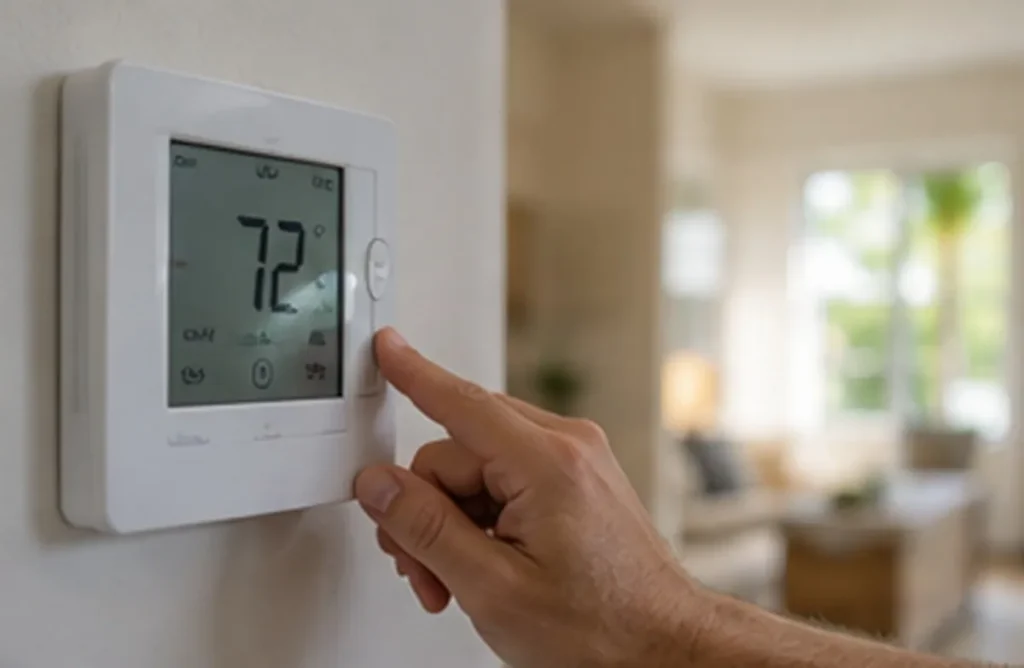 Hand adjusting a wall thermostat set to 72 degrees
