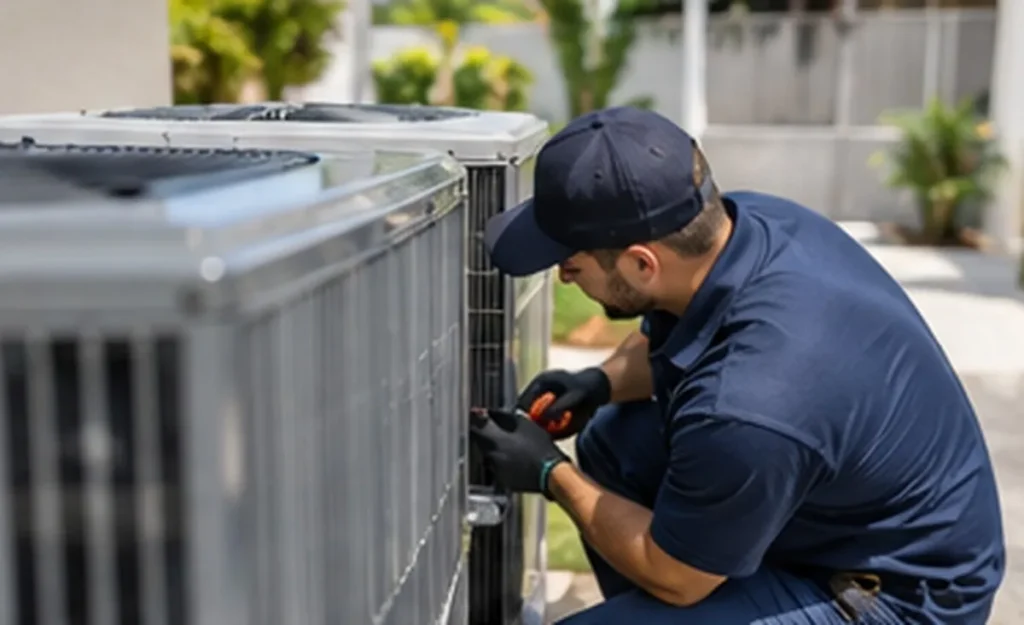 Technician diagnosing an outdoor AC condenser