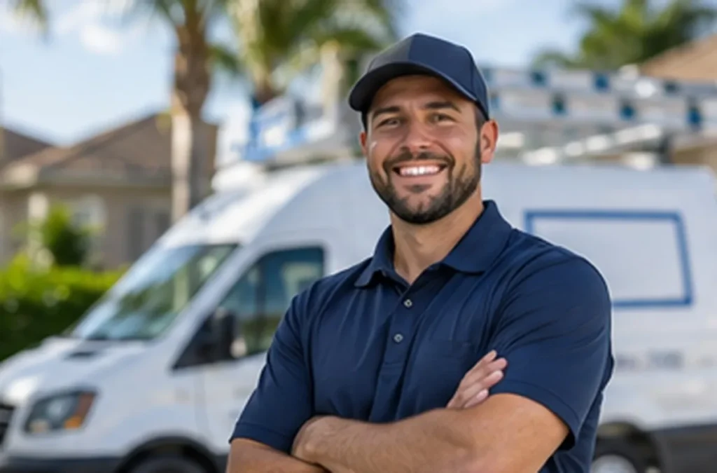 Smiling HVAC technician standing in front of a service van