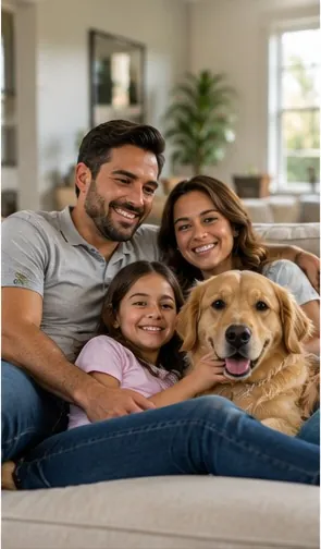 Family at home on the couch with their dog