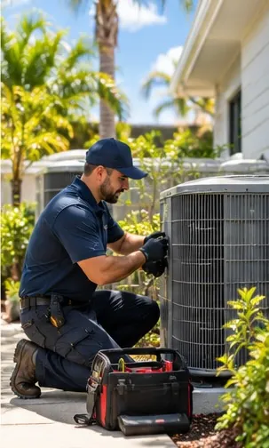 Technician maintaining an outdoor AC unit