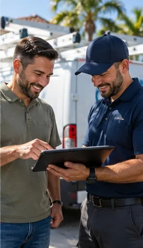 Homeowner reviewing details on a tablet with a technician